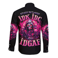 Black long-sleeve button shirt with skull and pink back graphic, pointed collar