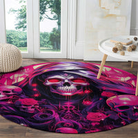 Round skull graphic rug on wood floor with neon pink and purple accents