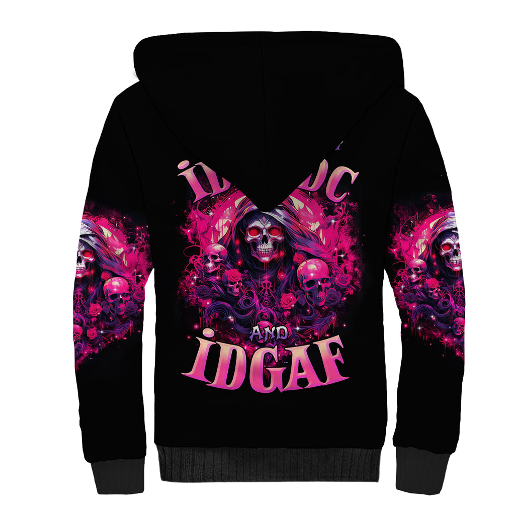 Rose Skull Sherpa Hoodie Stuck Between IDK IDC And IDGAF - Wonder Print Shop