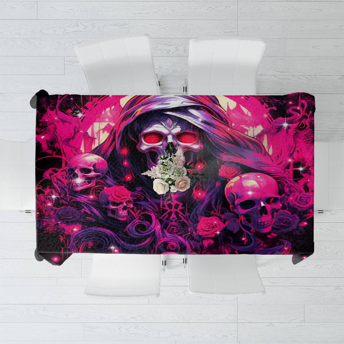 Black tablecloth with magenta skull and rose graphic, rectangular folded drape