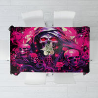 Black tablecloth with magenta skull and rose graphic, rectangular folded drape