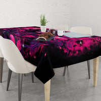 Black tablecloth with vivid magenta skull and rose artwork, corner drape