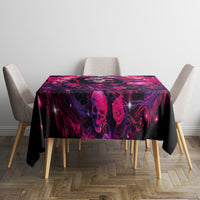 Square black tablecloth featuring magenta skull faces and rose pattern