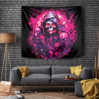 Black skull tapestry with pink rose petals and glowing skulls, wall hanging decor