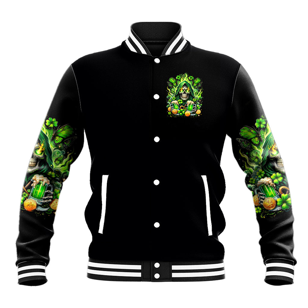 Black baseball jacket with green devil graphic on chest and shamrock sleeve prints; snap front