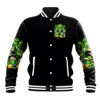 Black baseball jacket with green devil graphic on chest and shamrock sleeve prints; snap front