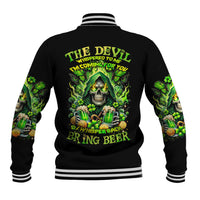Black baseball jacket with green devil, shamrock and beer graphic; striped rib trim