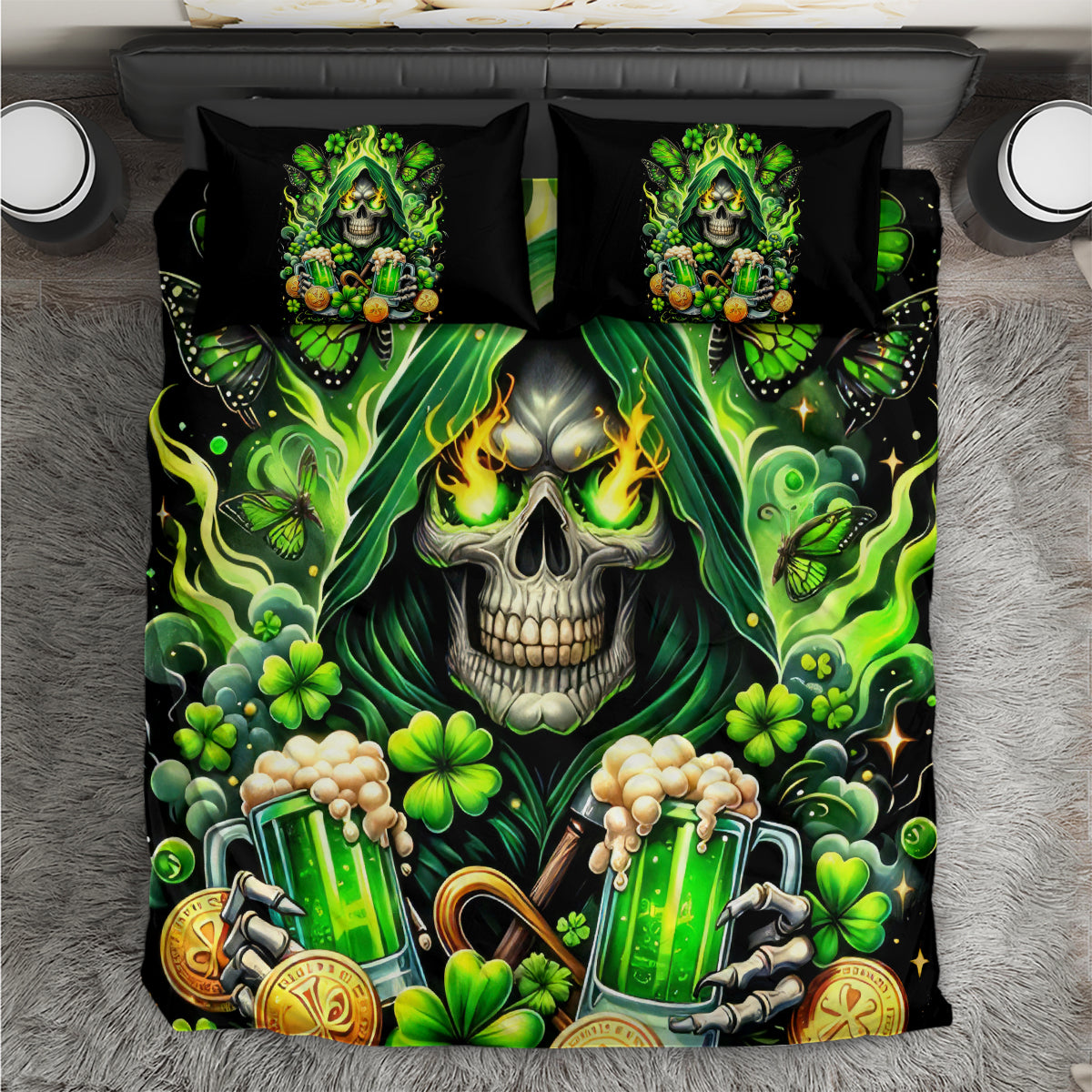 Black bedding set with green skull, butterflies, clovers, and beer on duvet and two pillows