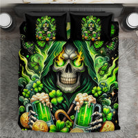 Black bedding set with green skull, butterflies, clovers, and beer on duvet and two pillows