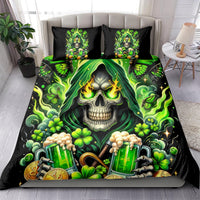Black duvet bedding set with green skull face, beer mugs, butterflies, and clover accents in print