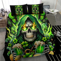 Black bedding set featuring a green flame skull design with butterflies and clover beer mugs