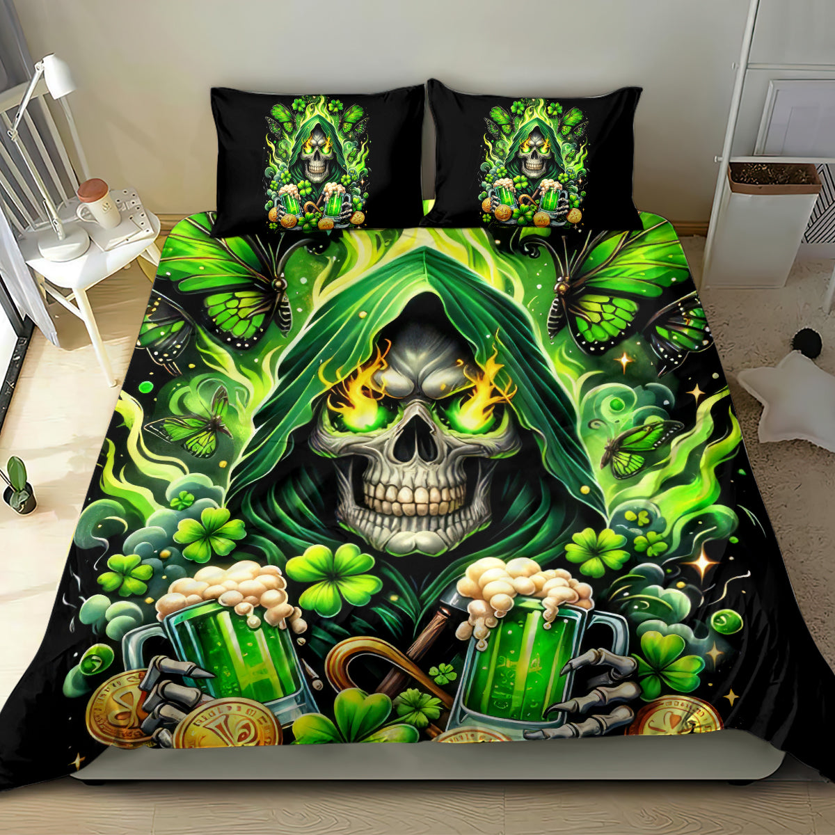 Black duvet set with green skull, glowing beer mugs, butterflies, and clover graphics on pillows