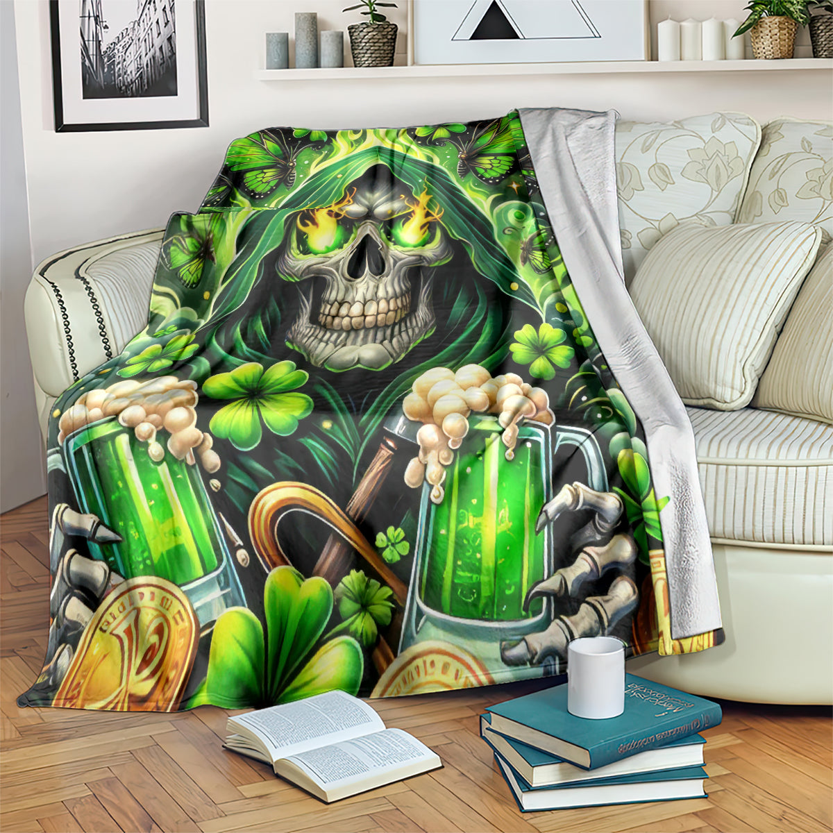 Green skull and clover beer bottles themed blanket, folded over couch backrest