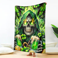 Green skull and clover beer bottles themed blanket, front view with full design