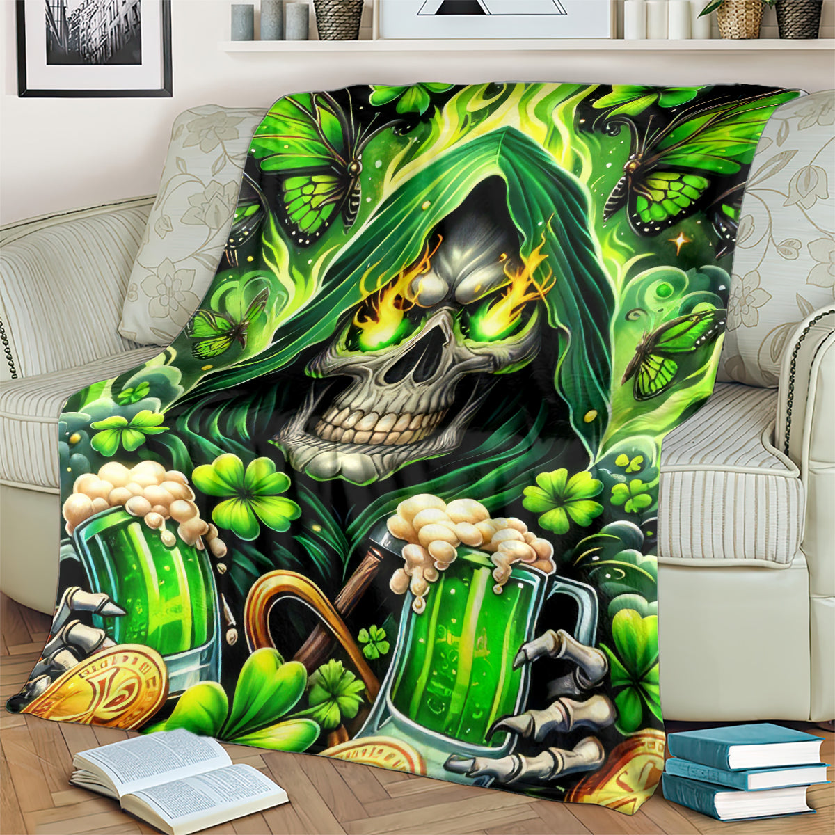 Green skull and clover beer bottles themed blanket, close view on cream couch