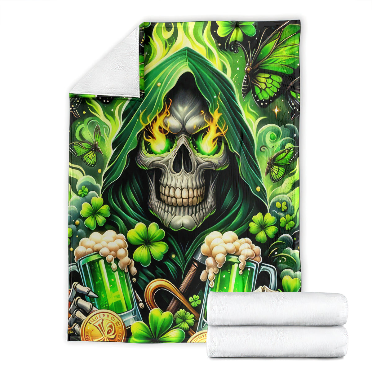 Green skull and clover beer bottles themed blanket with folded white bundles