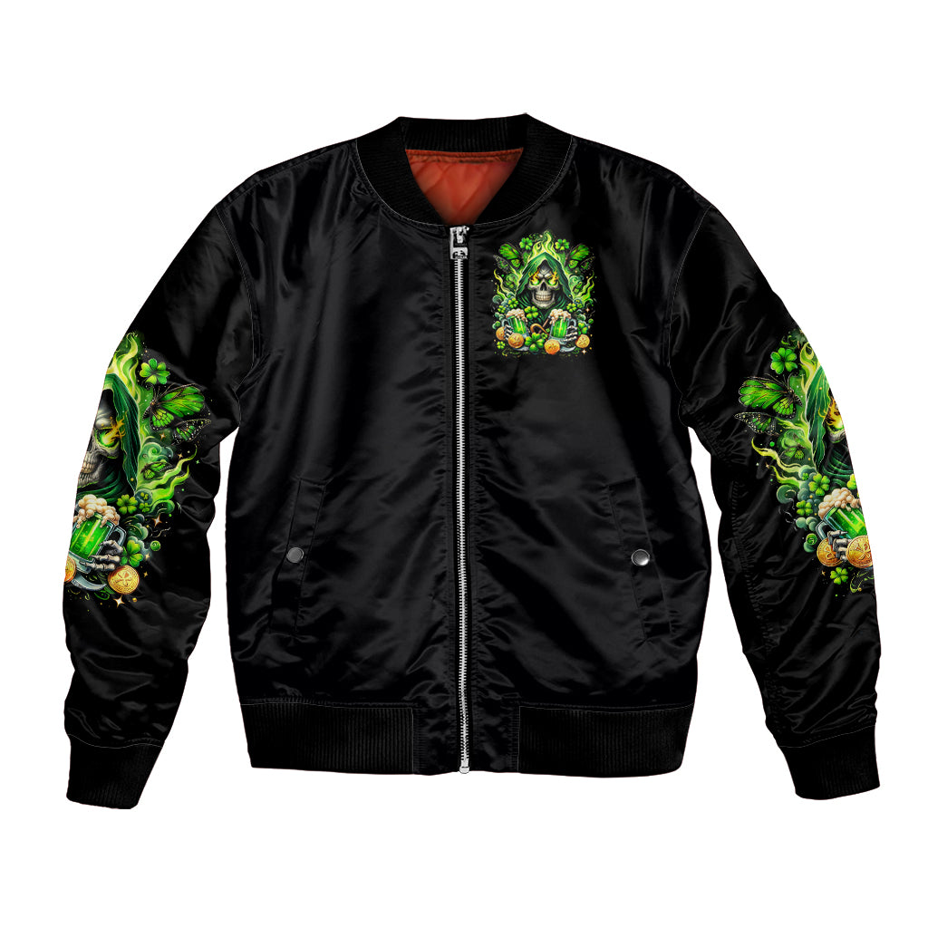 Black unisex bomber jacket, green skull drink-themed front logo and zipper