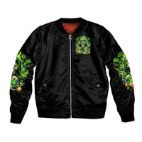 Black unisex bomber jacket, green skull drink-themed front logo and zipper