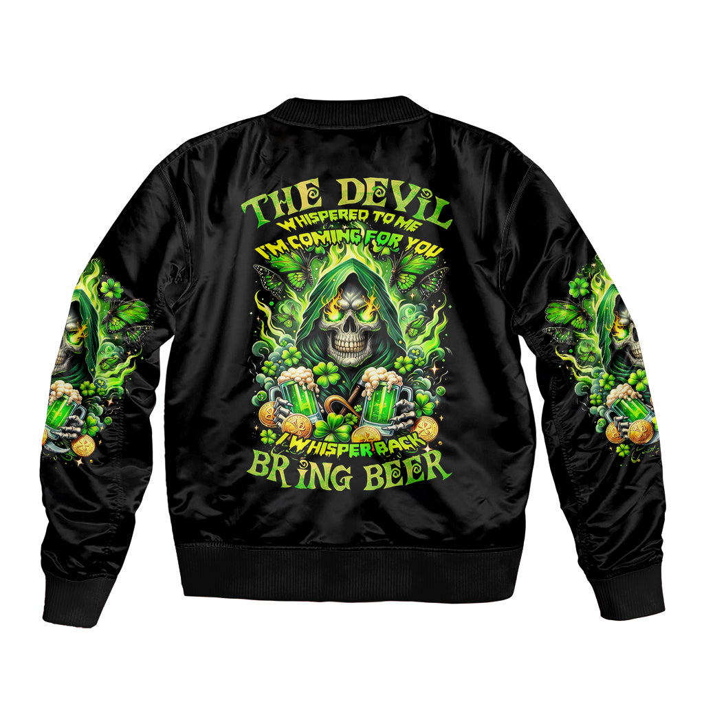 Black unisex bomber jacket, green skull drink-themed back graphic