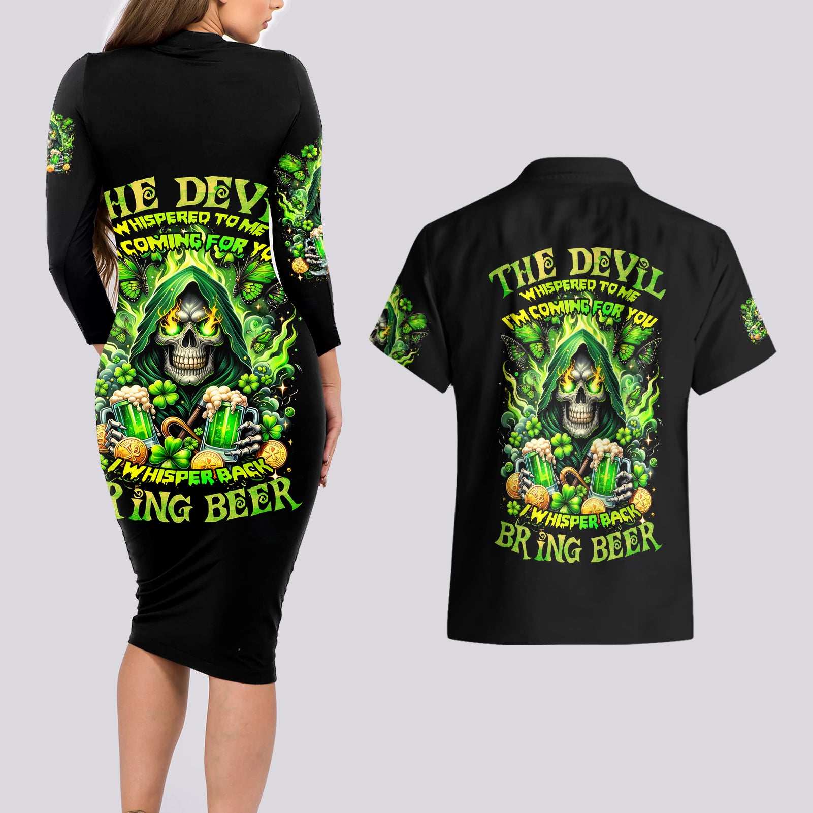 Irish Skull Couples Matching Long Sleeve Bodycon Dress and Hawaiian Shirt The Devil Whispered To Me I'm Coming For You - Wonder Print Shop