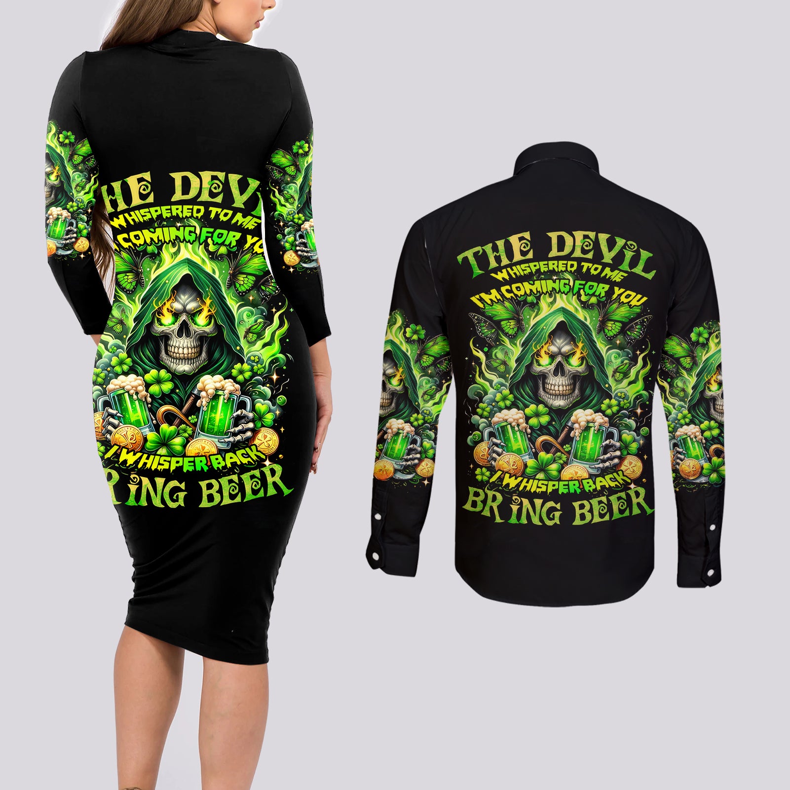 Irish Skull Couples Matching Long Sleeve Bodycon Dress and Long Sleeve Button Shirt The Devil Whispered To Me I'm Coming For You - Wonder Print Shop