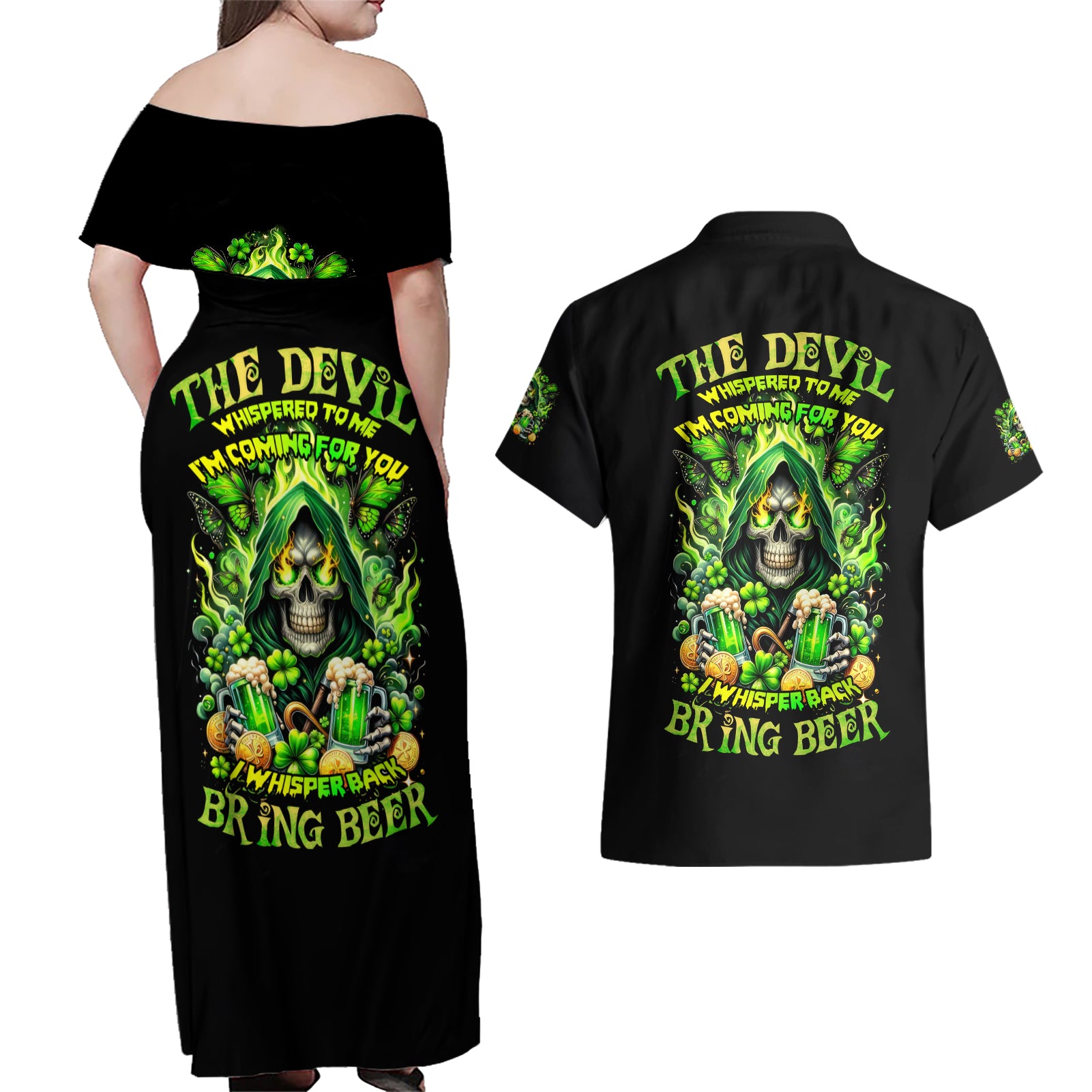 Irish Skull Couples Matching Off Shoulder Maxi Dress and Hawaiian Shirt The Devil Whispered To Me I'm Coming For You - Wonder Print Shop