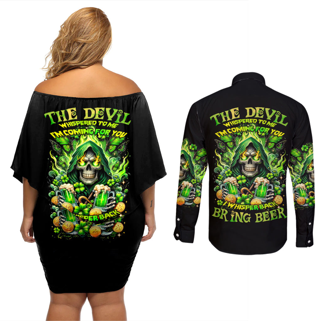 Irish Skull Couples Matching Off Shoulder Short Dress and Long Sleeve Button Shirt The Devil Whispered To Me I'm Coming For You - Wonder Print Shop