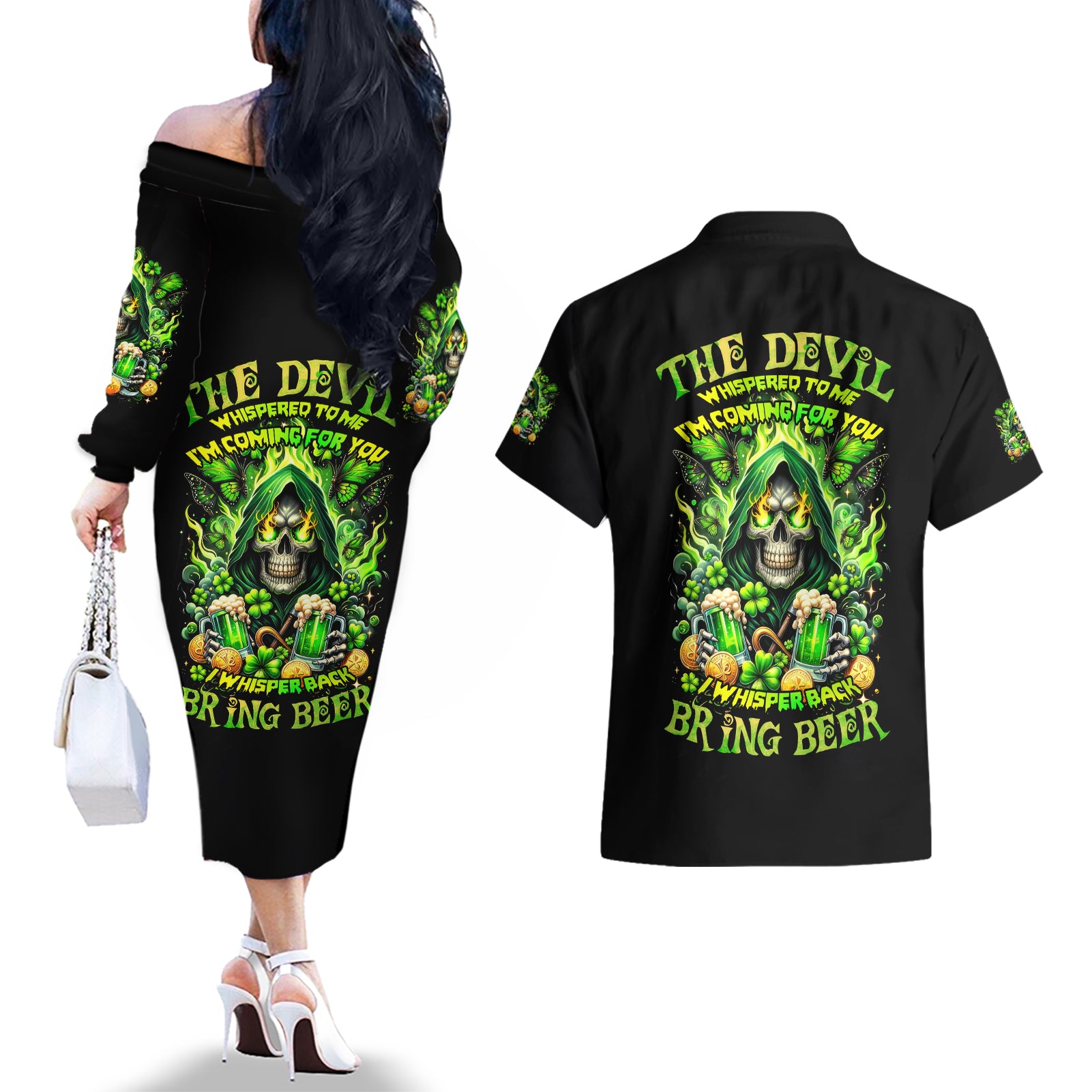 Irish Skull Couples Matching Off The Shoulder Long Sleeve Dress and Hawaiian Shirt The Devil Whispered To Me I'm Coming For You - Wonder Print Shop