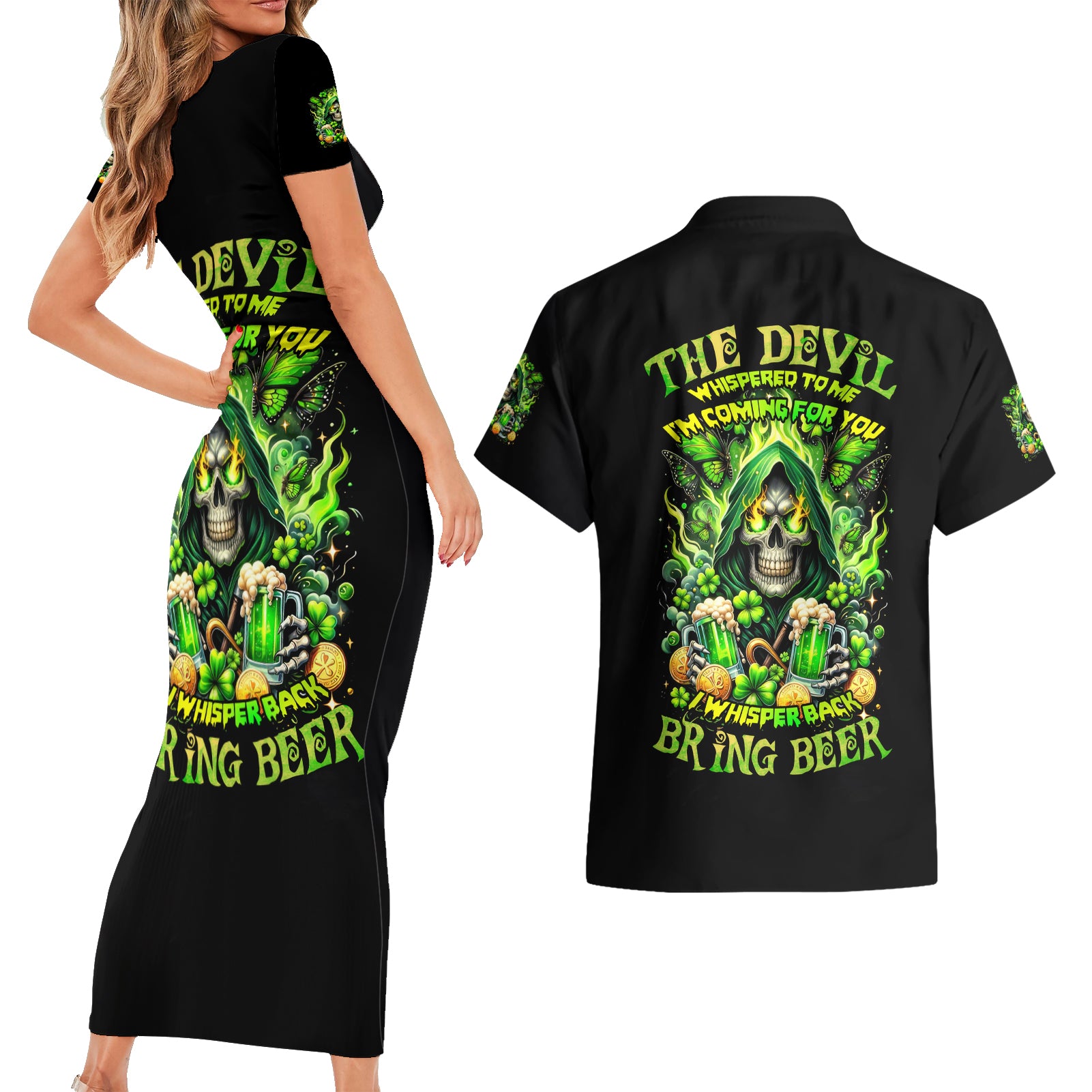 Irish Skull Couples Matching Short Sleeve Bodycon Dress and Hawaiian Shirt The Devil Whispered To Me I'm Coming For You - Wonder Print Shop