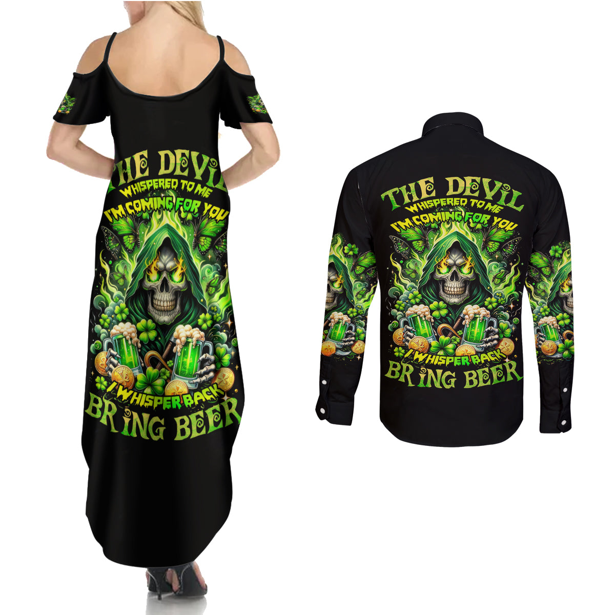 Irish Skull Couples Matching Summer Maxi Dress and Long Sleeve Button Shirt The Devil Whispered To Me I'm Coming For You - Wonder Print Shop