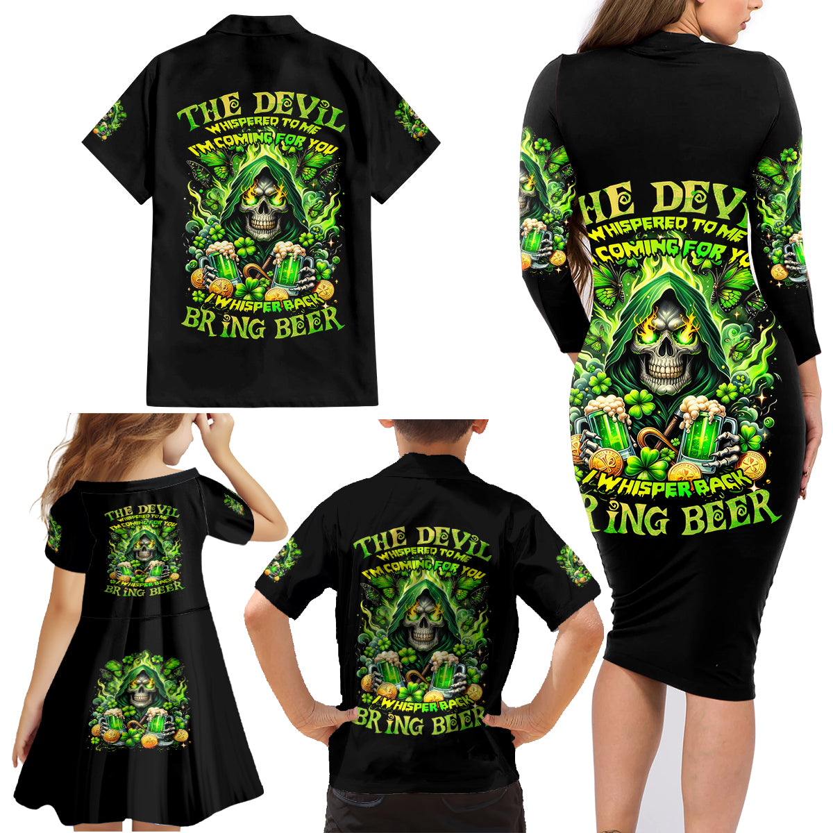 Irish Skull Family Matching Long Sleeve Bodycon Dress and Hawaiian Shirt The Devil Whispered To Me I'm Coming For You - Wonder Print Shop