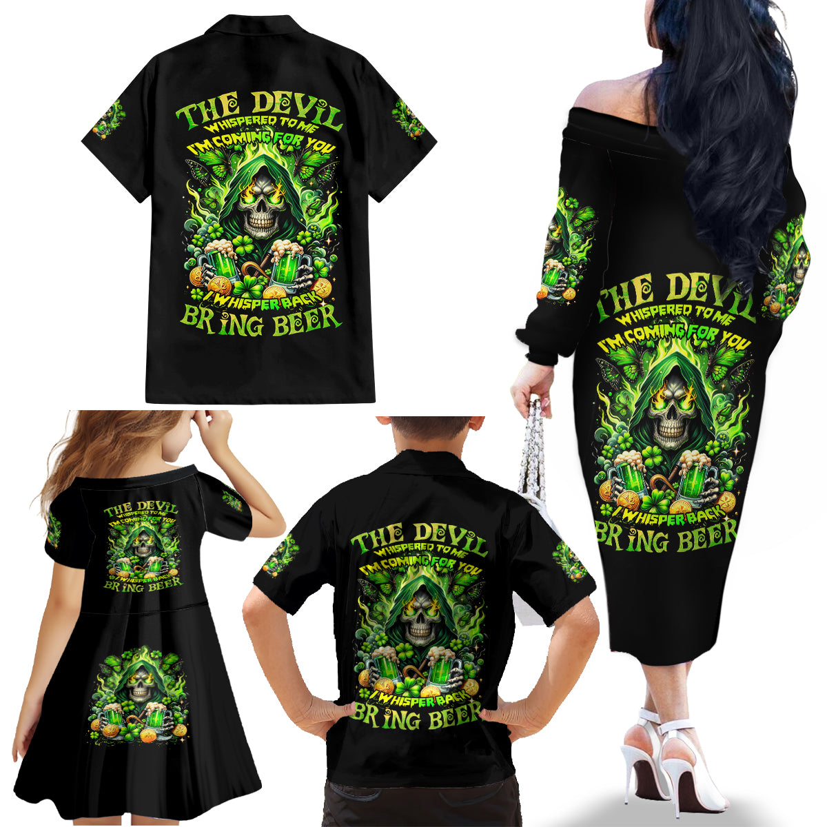 Irish Skull Family Matching Off Shoulder Long Sleeve Dress and Hawaiian Shirt The Devil Whispered To Me I'm Coming For You - Wonder Print Shop