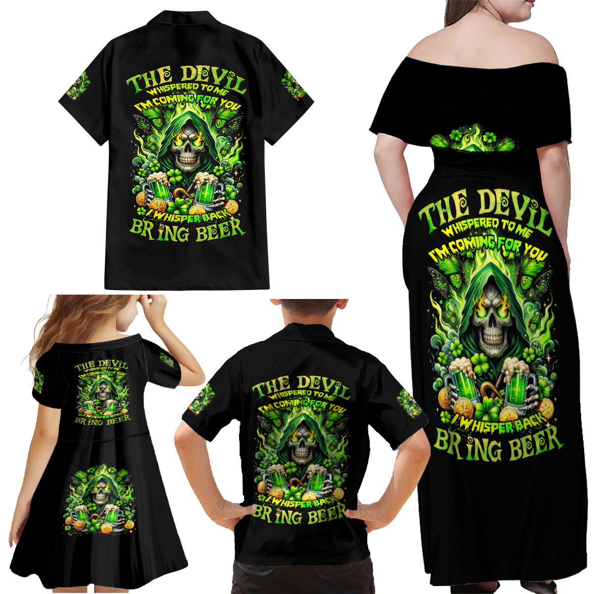 Irish Skull Family Matching Off Shoulder Maxi Dress and Hawaiian Shirt The Devil Whispered To Me I'm Coming For You - Wonder Print Shop