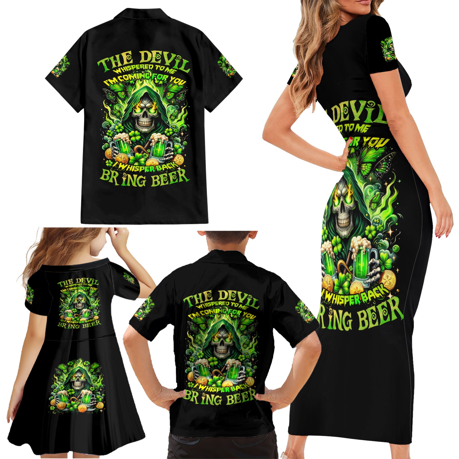 Irish Skull Family Matching Short Sleeve Bodycon Dress and Hawaiian Shirt The Devil Whispered To Me I'm Coming For You - Wonder Print Shop