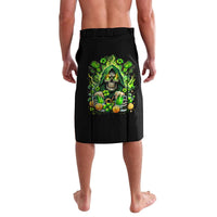 Black printed lavalava skirt with green skull and beer graphic
