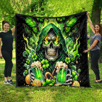 Black quilted blanket featuring a green skull, wings, clovers, and beer bottles design.