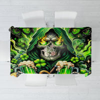 Skull-themed green and black tablecloth with shamrocks and butterflies, rectangular