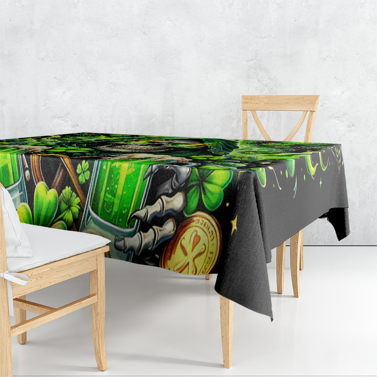 Green and black skull tablecloth draped over dining table edge with shamrock pattern