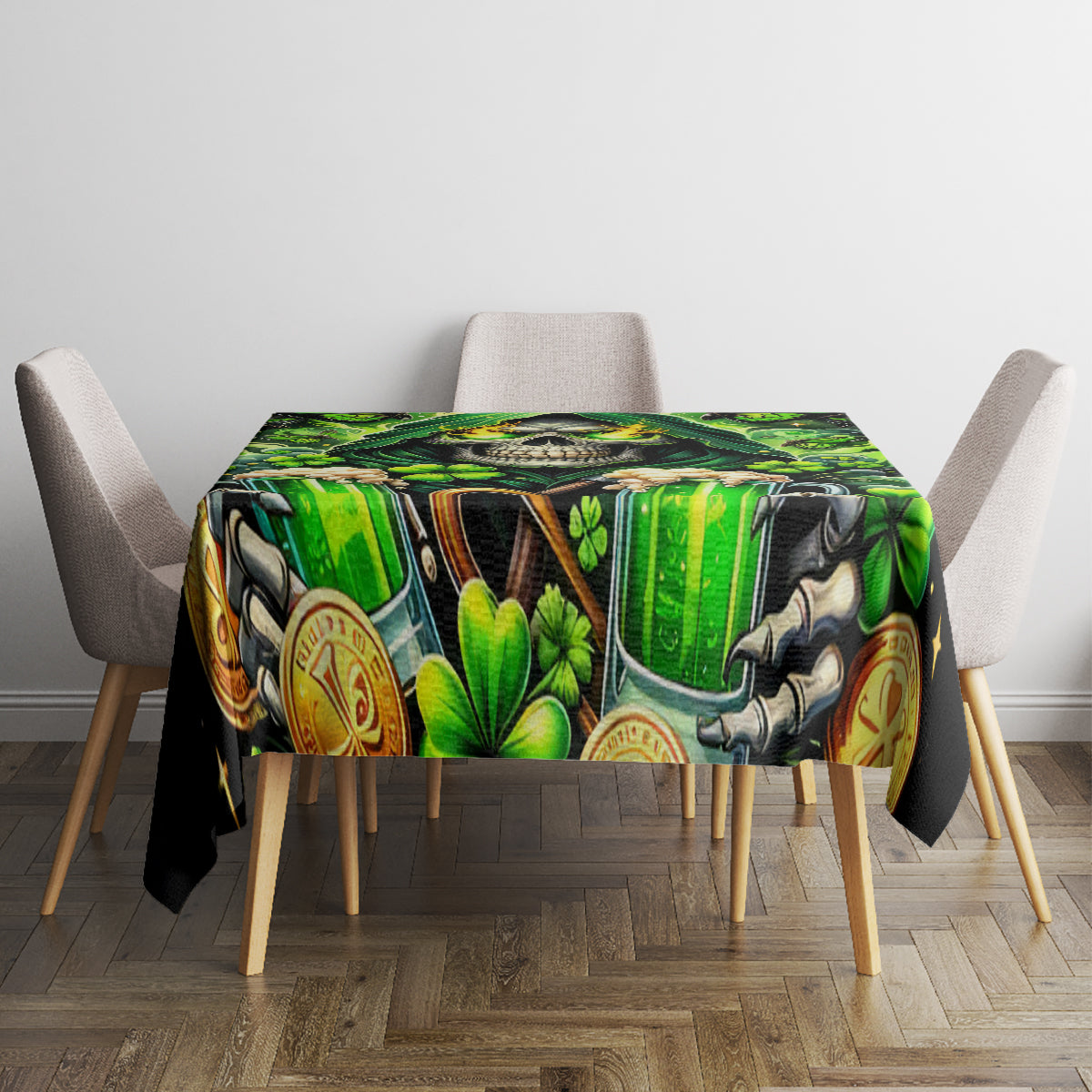 Green and black skull-themed tablecloth with shamrocks and coin designs on dining table