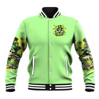 Green varsity baseball jacket with front button placket; chest emblem, ribbed striped cuffs