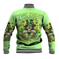 Green baseball jacket, ribbed striped collar and cuffs; back skull and shamrock graphic