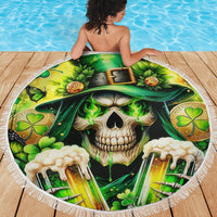 Round green skull beach blanket with clover and beer-foam motif, fringed