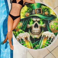 Round green skull beach blanket with shamrock clover and foam drink artwork, fringed