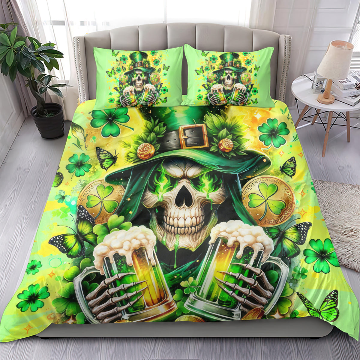 Green bedding set featuring a leprechaun skull, beer bottles, shamrocks, and two pillows
