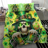 Green bedspread with skull leprechaun artwork, beer bottles, shamrocks, and two pillowcases