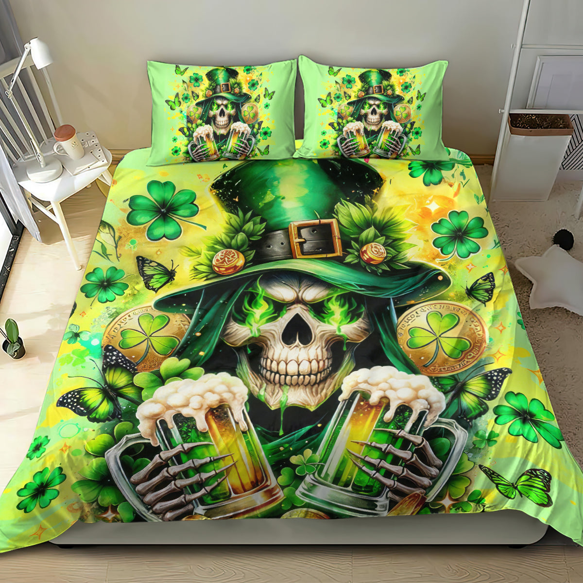 Green bedding set with skull leprechaun, beer bottles, shamrocks, and two decorative pillows