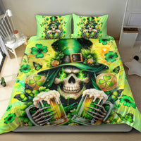 Green bedding set with skull leprechaun, beer bottles, shamrocks, and two decorative pillows