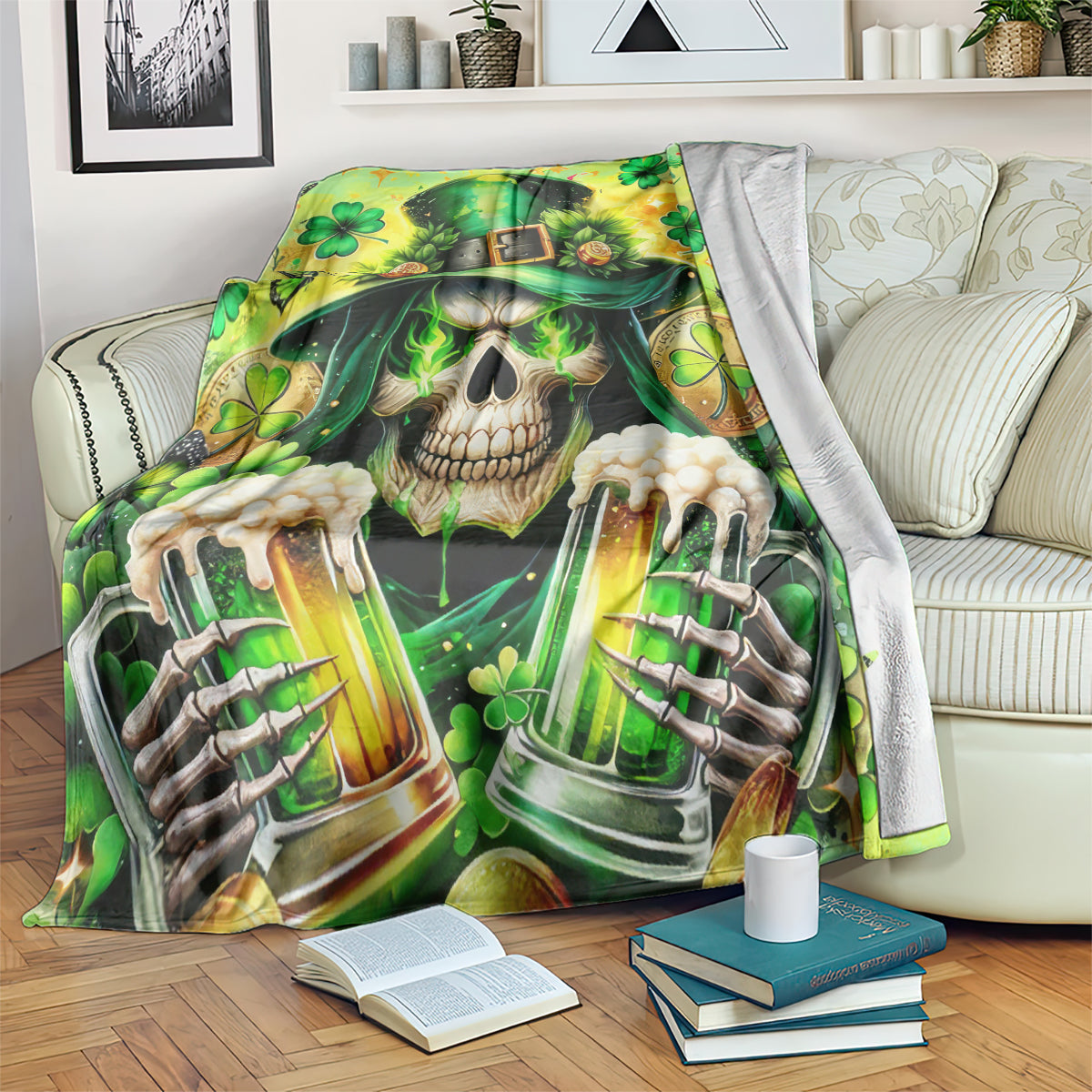 Green skull and beer-glass throw blanket with clovers and shamrock hat artwork