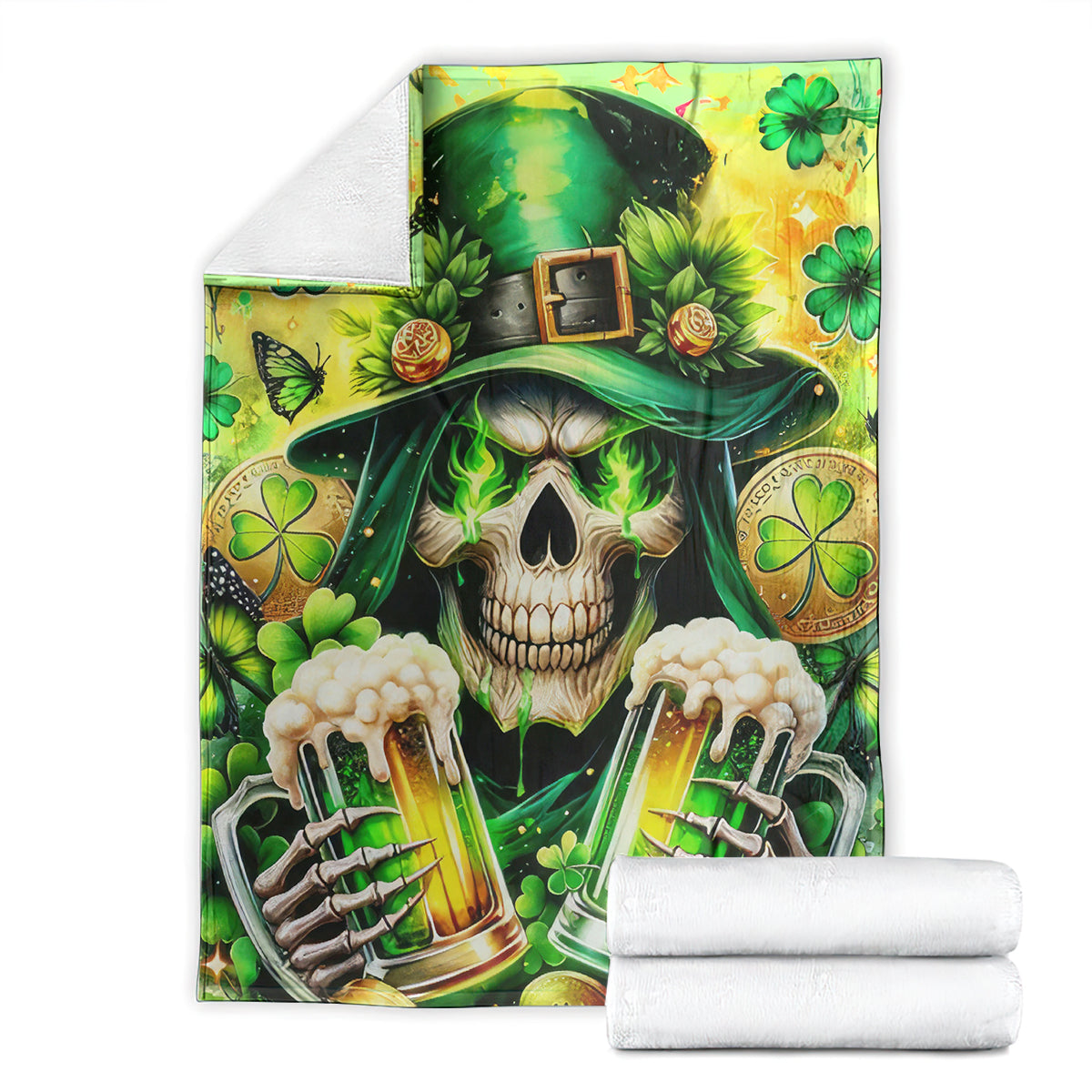 Green skull throw blanket with shamrock hat, clovers, and beer-glass graphics