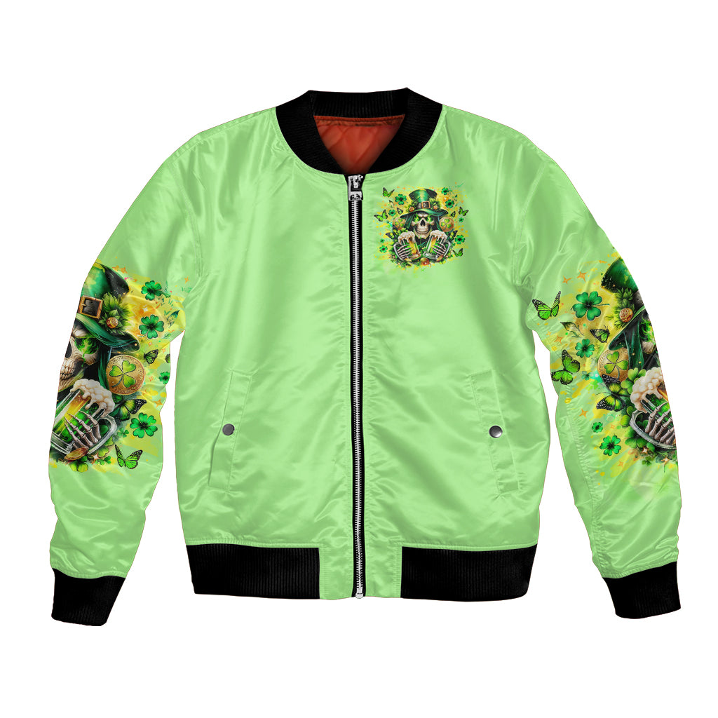 Green bomber jacket with front zipper, skull and beer graphic patch, ribbed black hem